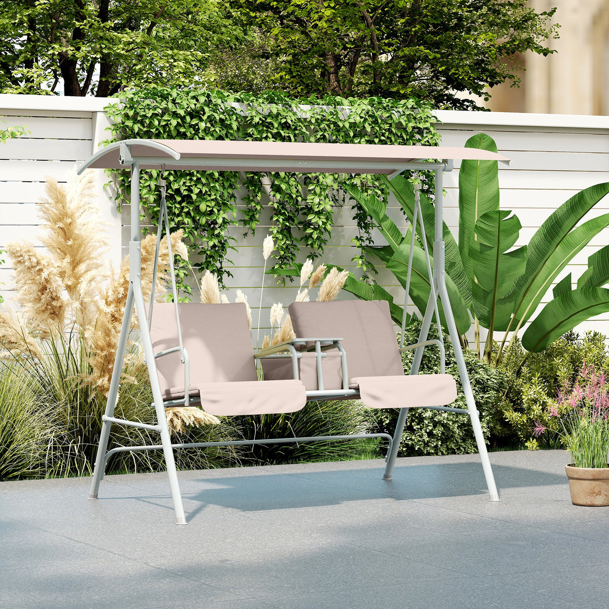 Outsunny 2 Seater Garden Swing Chair Patio Rocking Bench w/ Tilting Canopy, Double Padded Seats, Storage Bag and Tray, Beige