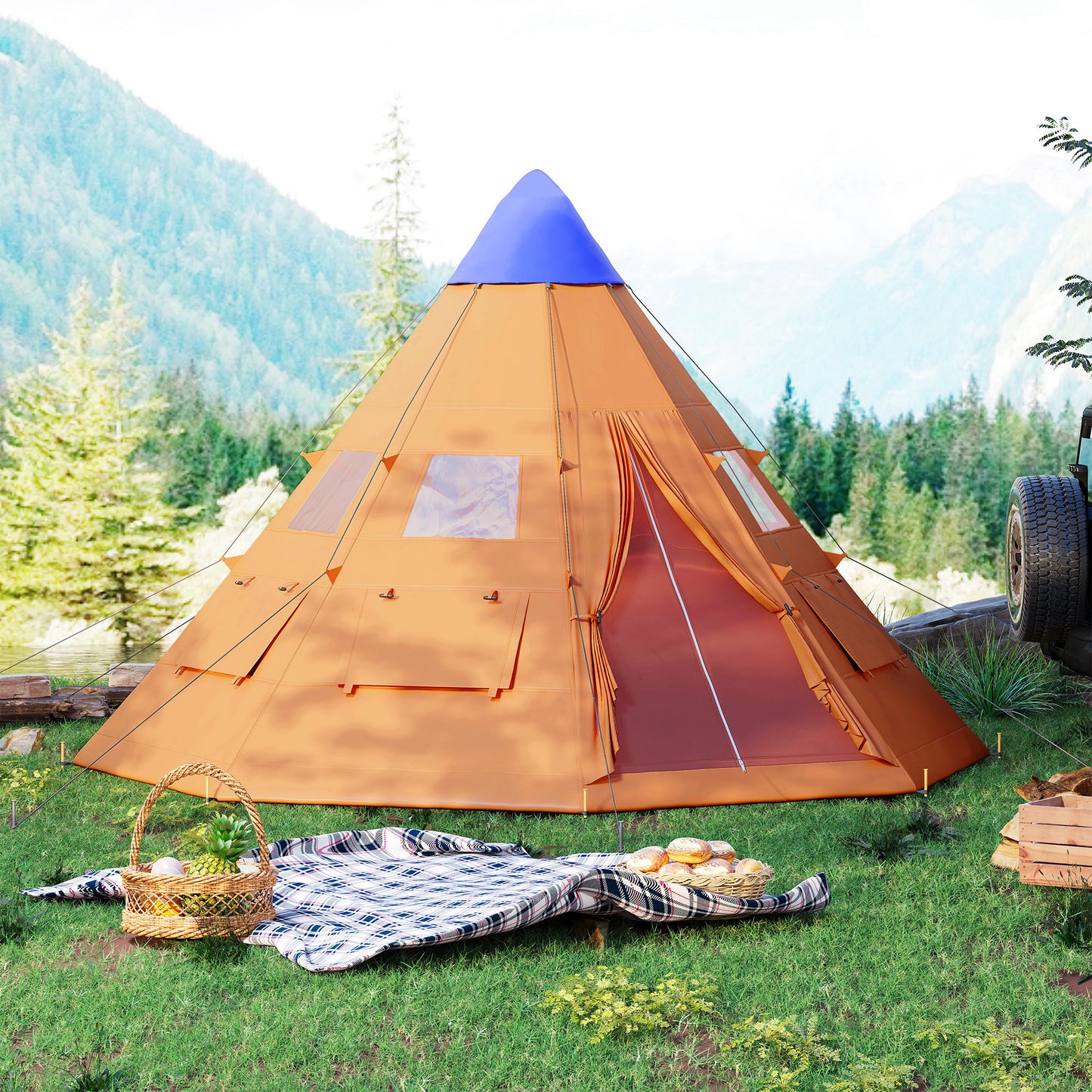 Outsunny 6 Men Tipi Tent with Carry Bag - Orange