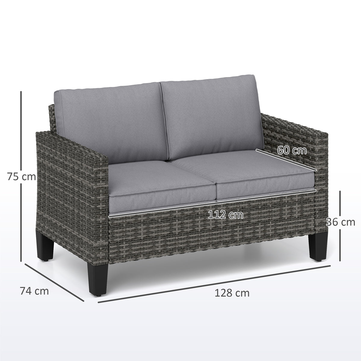 Outsunny two-seat wicker sofa with gray cushions and dimensions shown