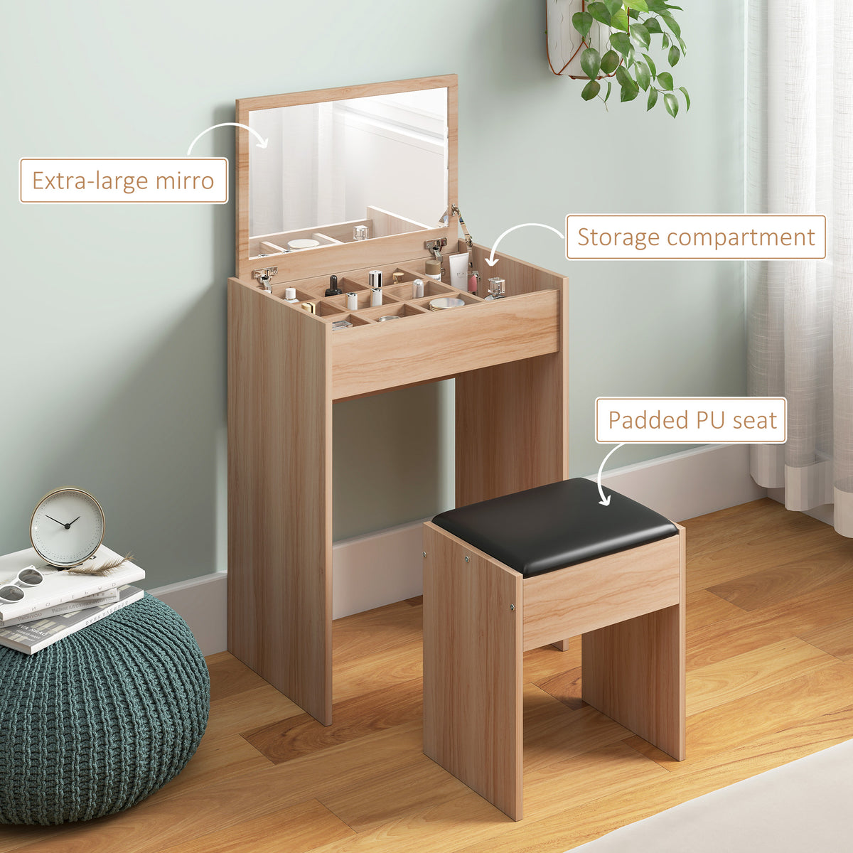 Wood vanity table with flip-up mirror, divided storage compartments, and matching black padded stool