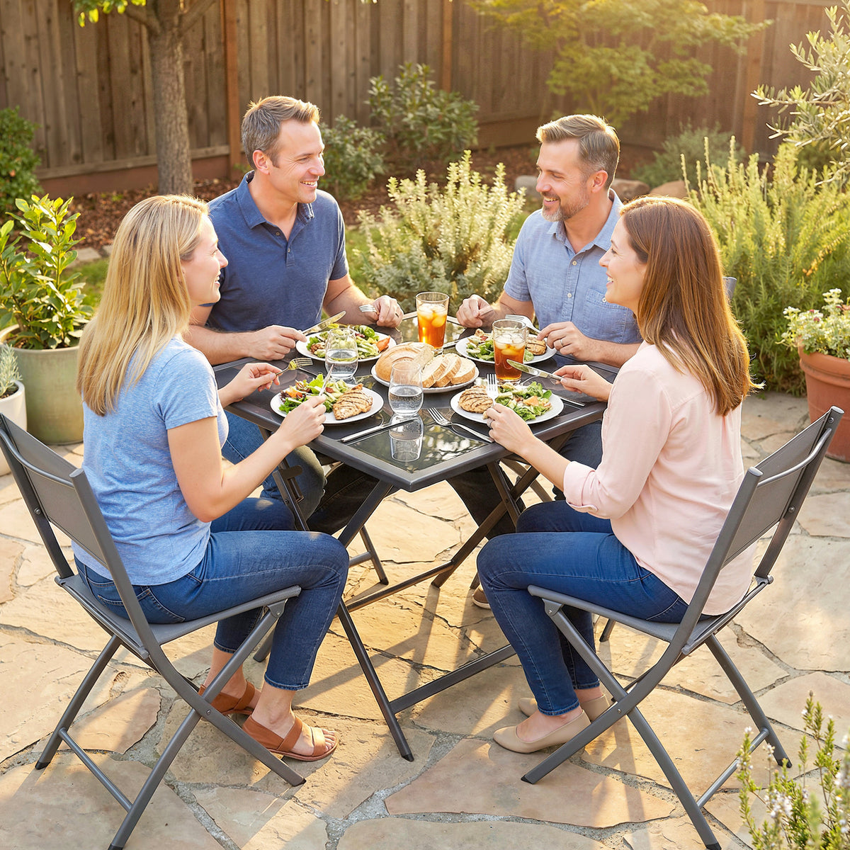 Outsunny Folding Outdoor Dining Table, Square Garden Table Tempered Glass Top with Parasol Hole Garden Patio, 70 x 70 x 70 cm