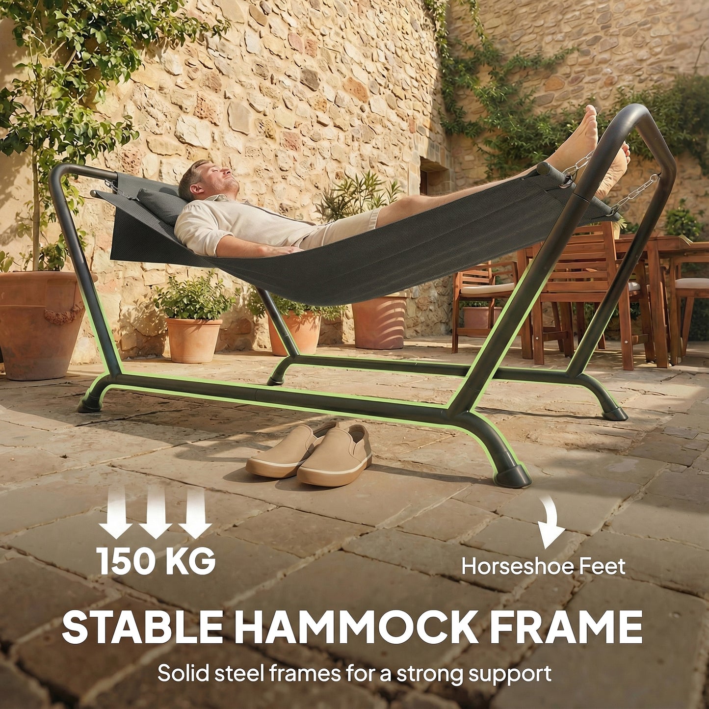 Outsunny Outdoor Hammock with Stand, Freestanding Hammock with Side Pocket, Headrest for Patio, Balcony, Porch, Dark Grey