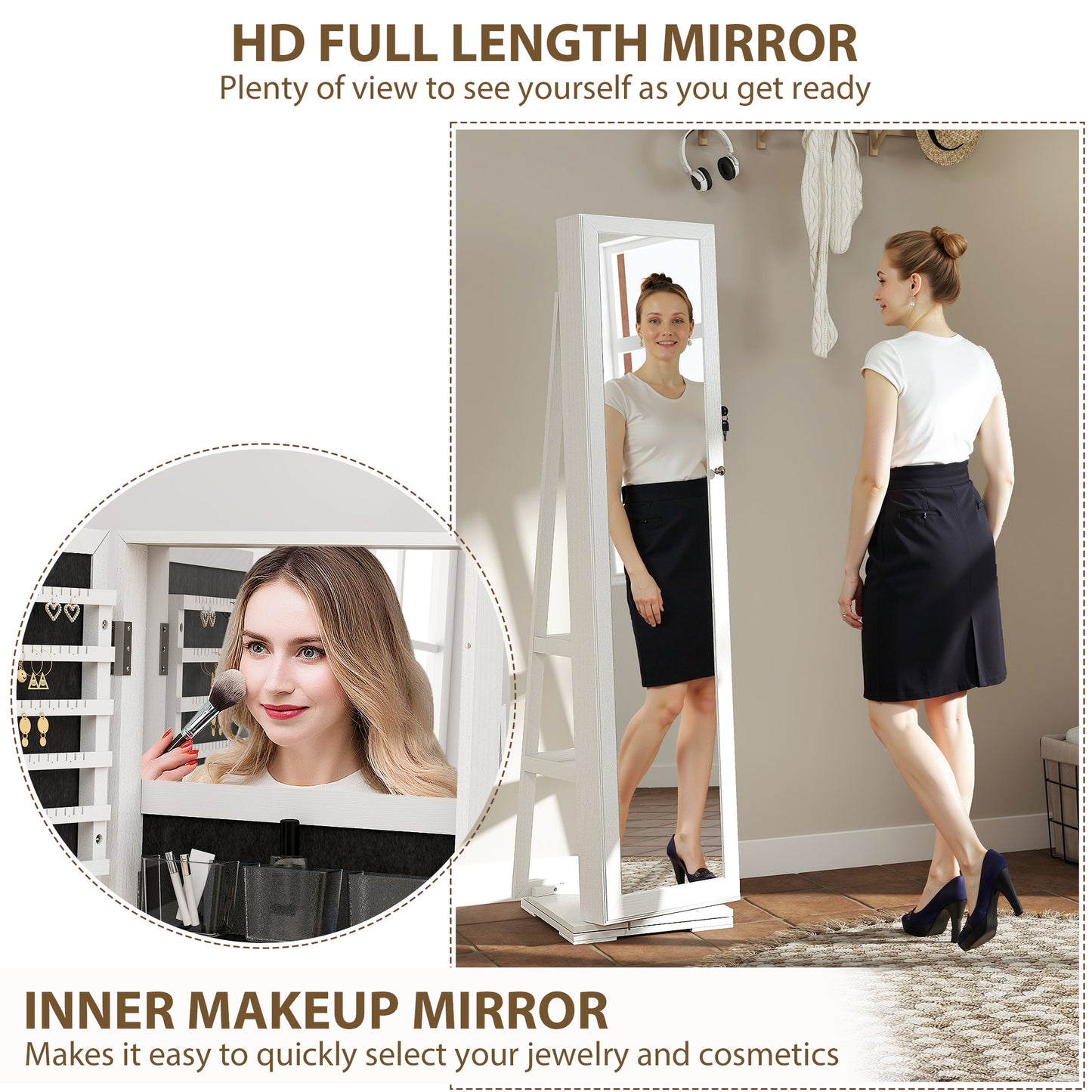 HOMCOM 360° Swivel Jewellery Cabinet, Free Standing Full Length Mirror with Storage, Lockable Jewellery Organiser with Built-in Makeup Mirror and Storage Shelves for Bedroom, White
