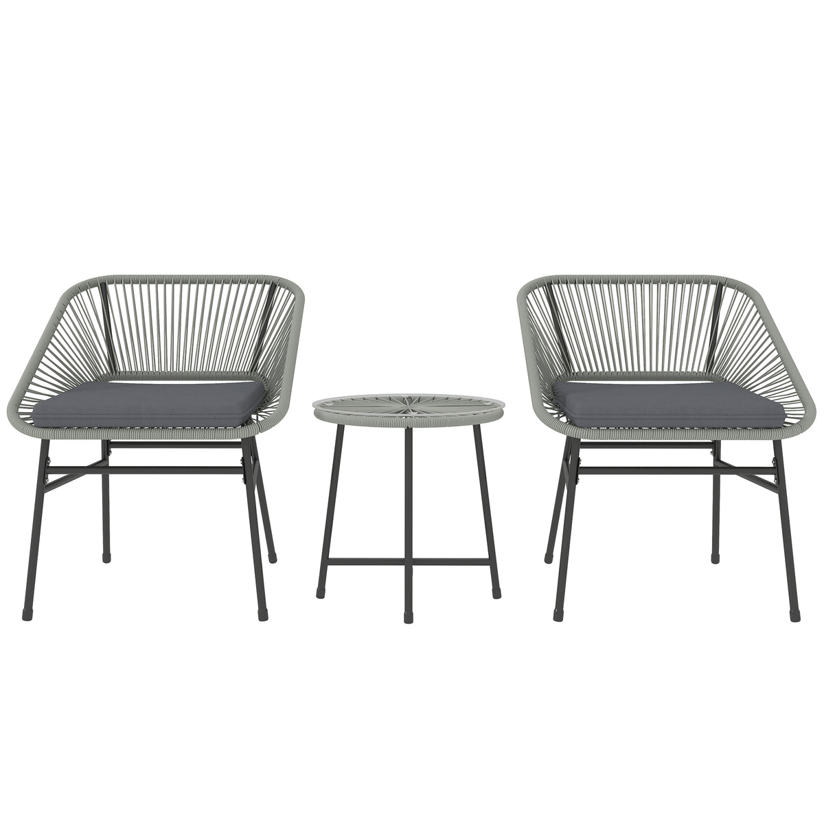 Three-piece light gray wicker bistro set with two cushioned chairs and a round glass-top table