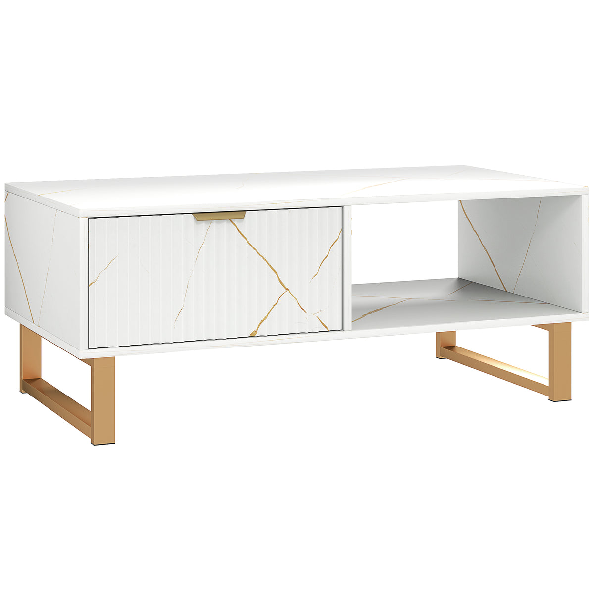 HOMCOM white marble-effect coffee table with fluted drawer, open shelf, and gold-tone legs