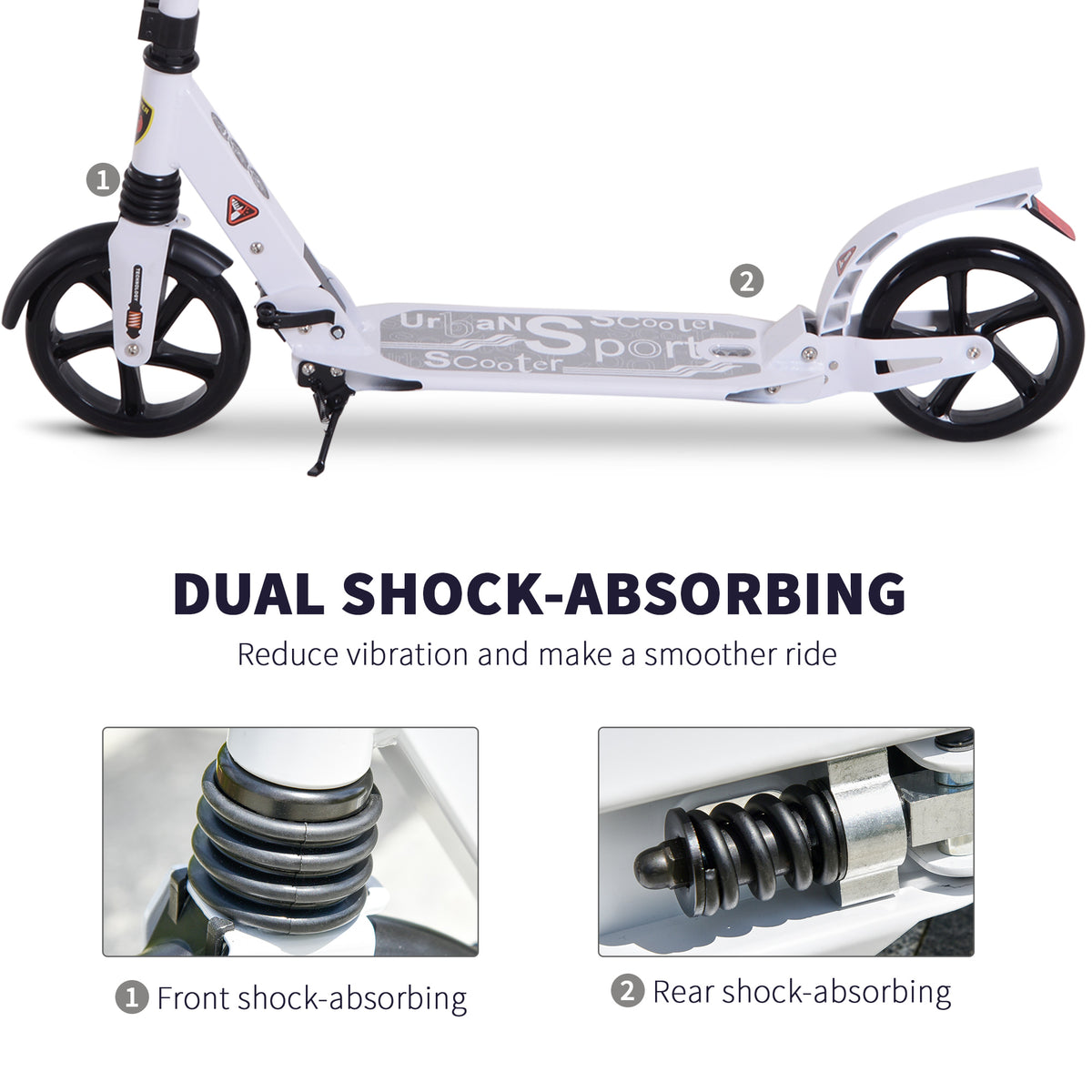 HOMCOM white kick scooter with front and rear shock absorbers and black wheels