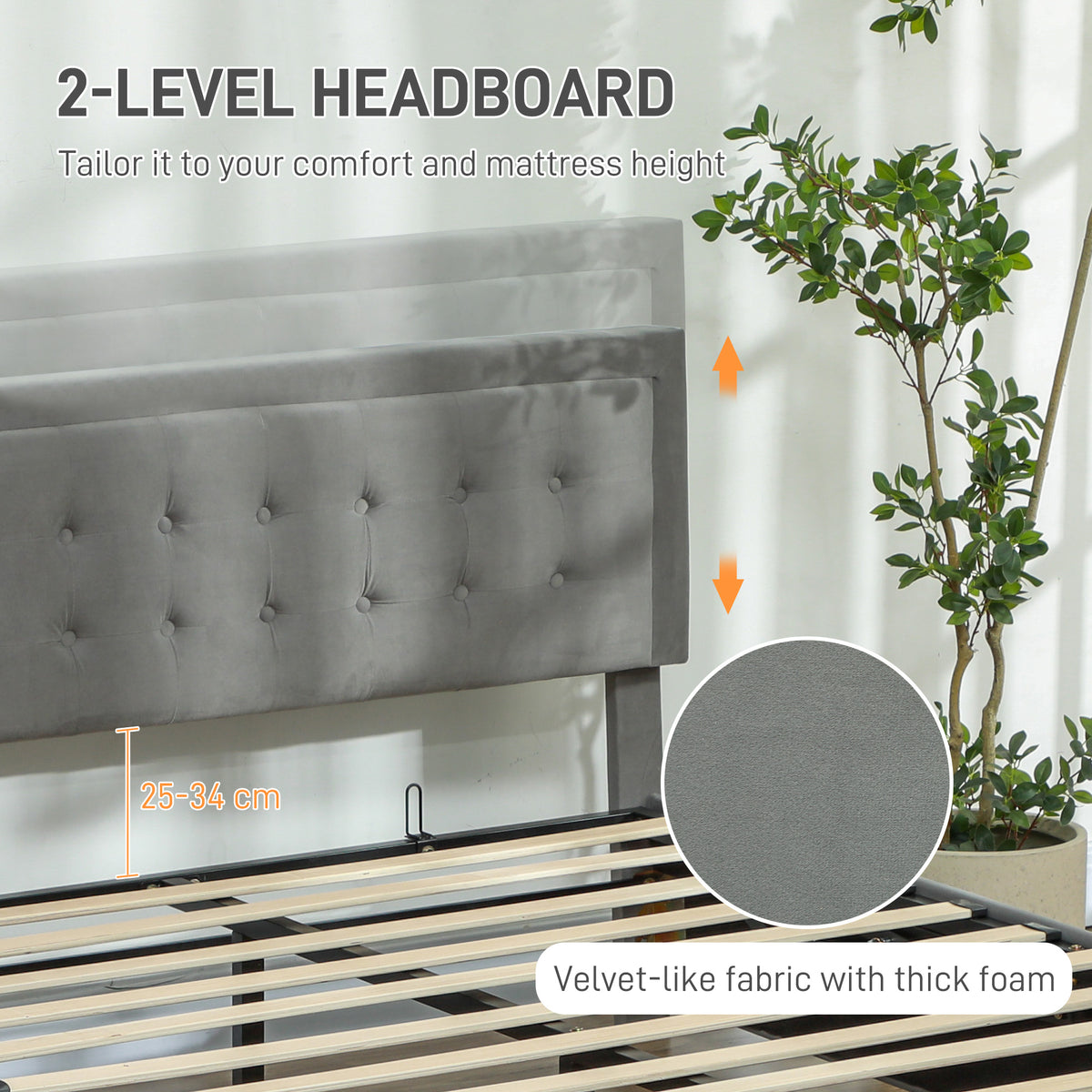 Gray bed frame with adjustable button-tufted headboard and fabric upholstery