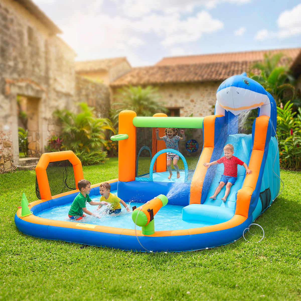 AIYAPLAY Inflatable Bouncy Castle for Kids, Sharks Theme Jumping Bounce House with Slide, Climbing Wall for Indoor Outdoor