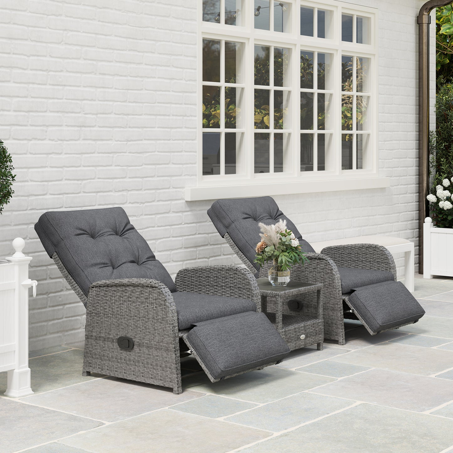 Outsunny 2 Seater Patio Rattan Wicker No Installation Chaise Lounge Sofa Set w/ Cushion for Patio Garden Porch, Grey
