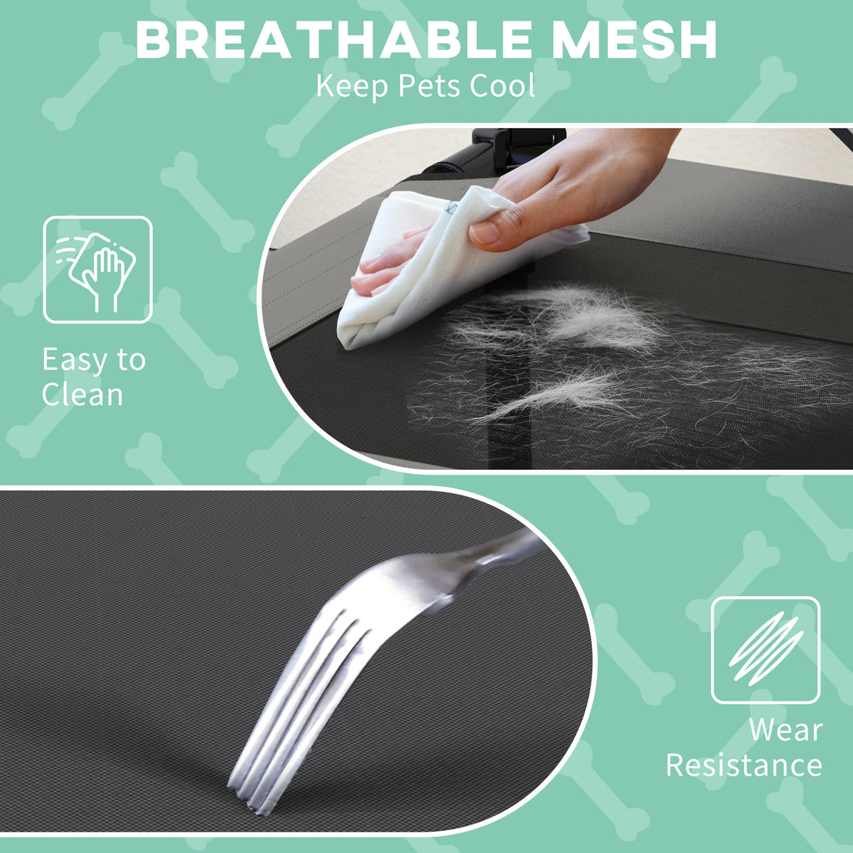Close-up of the pet bed's breathable mesh surface, shown being wiped clean and tested for wear