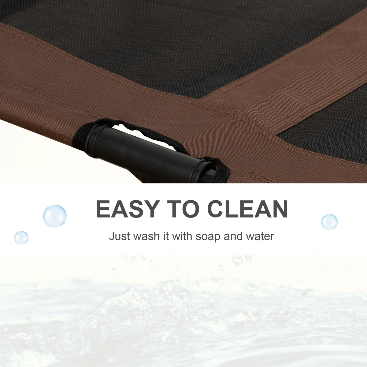 Close-up of brown mesh cot fabric and frame connector, washable with soap and water