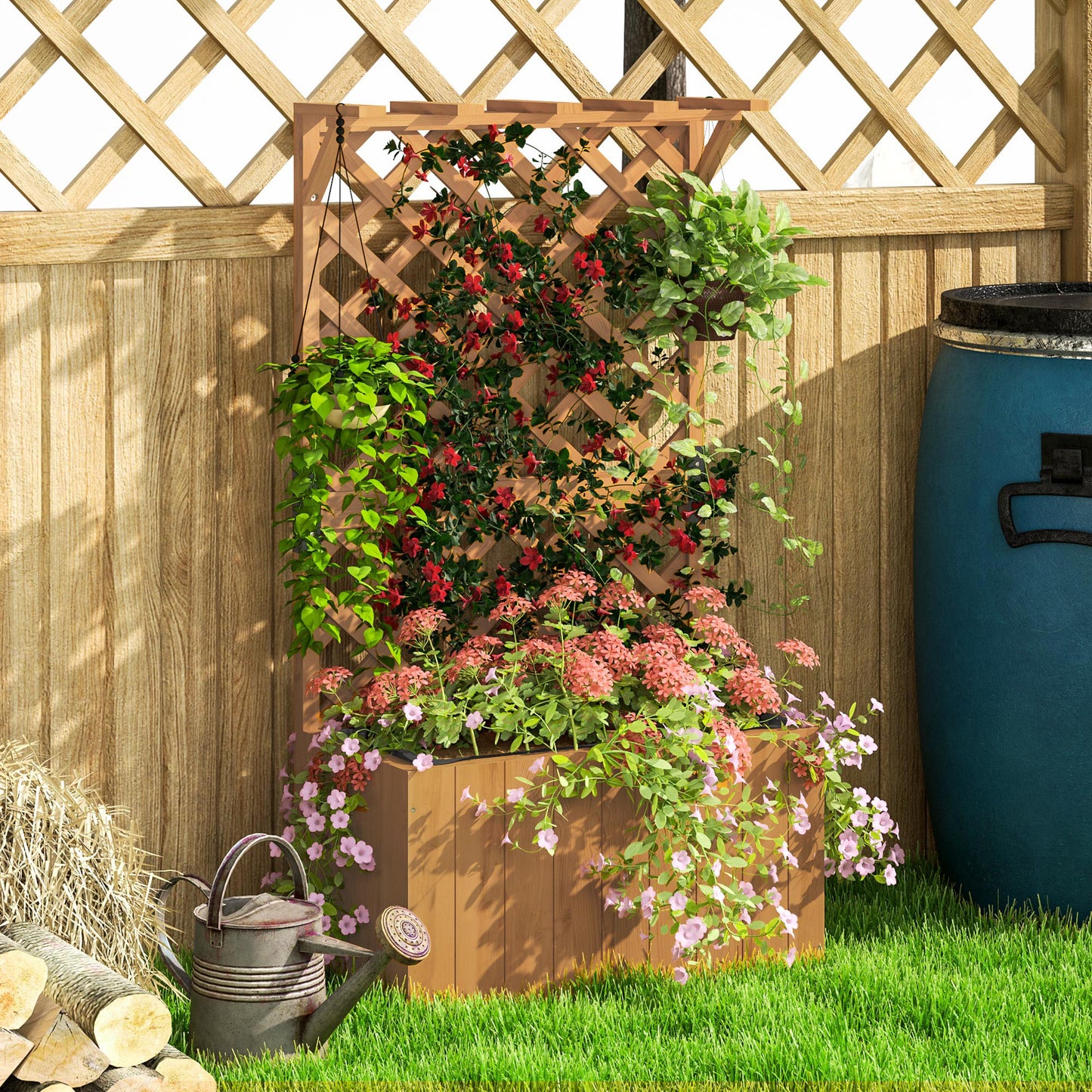 Outsunny wooden planter with trellis filled with flowering plants