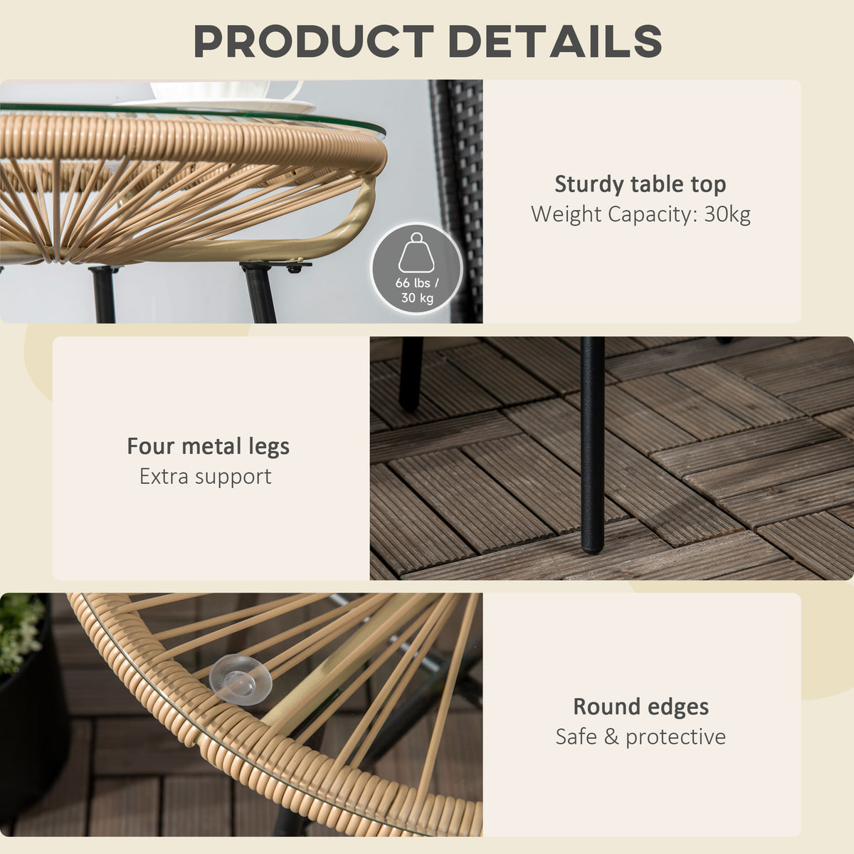 Rattan side table details: glass top, four metal legs, and rounded woven edges