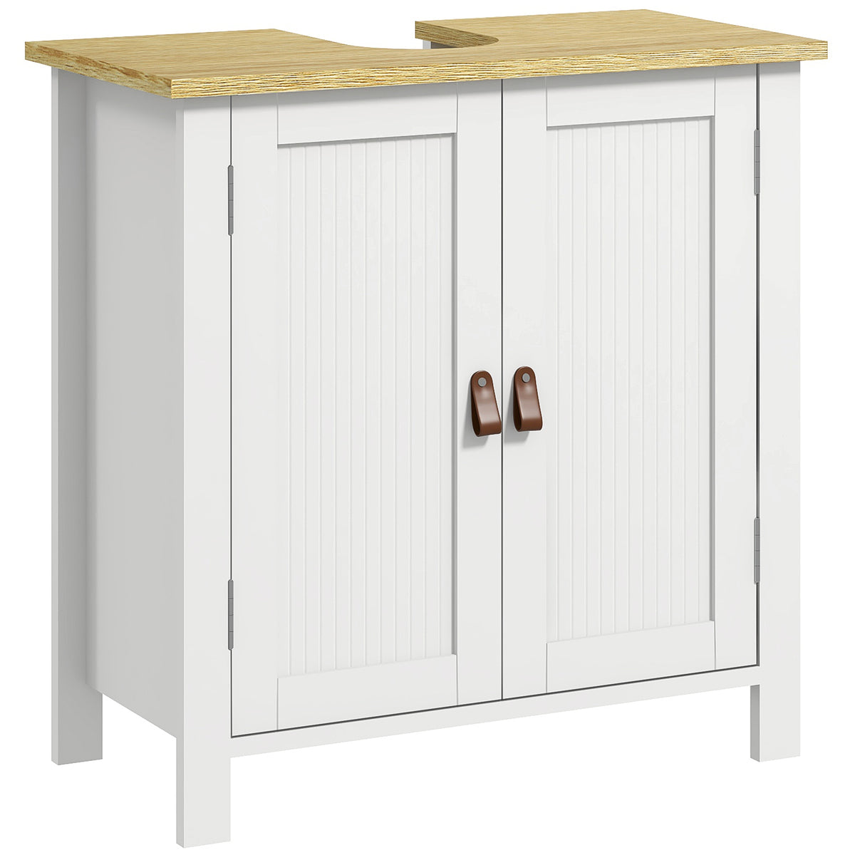 White under-sink cabinet with two paneled doors, brown handles, and a wood-look top