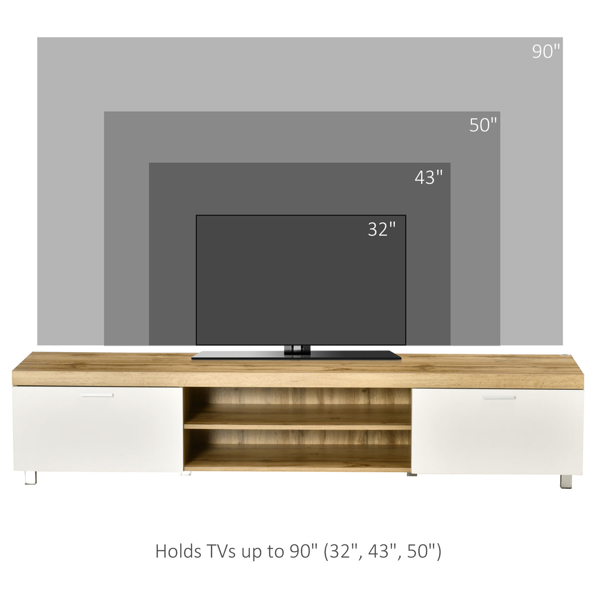 HOMCOM TV stand with oak-look top, two white doors, and open center shelves for TVs up to 90 inches