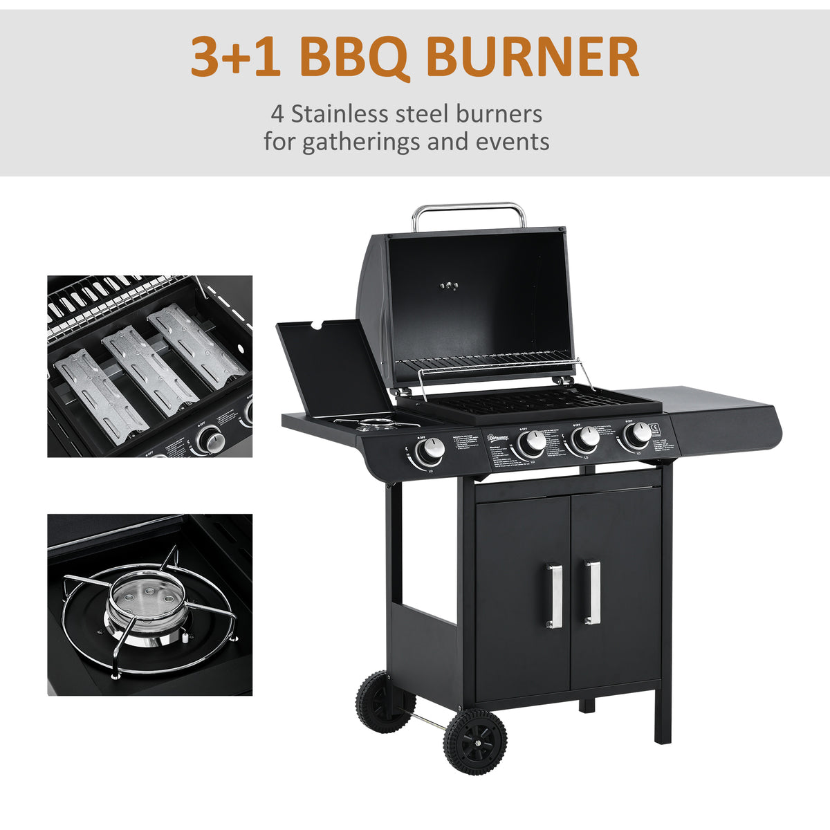 Black gas BBQ grill trolley with open lid and close-ups of three main burners and side burner