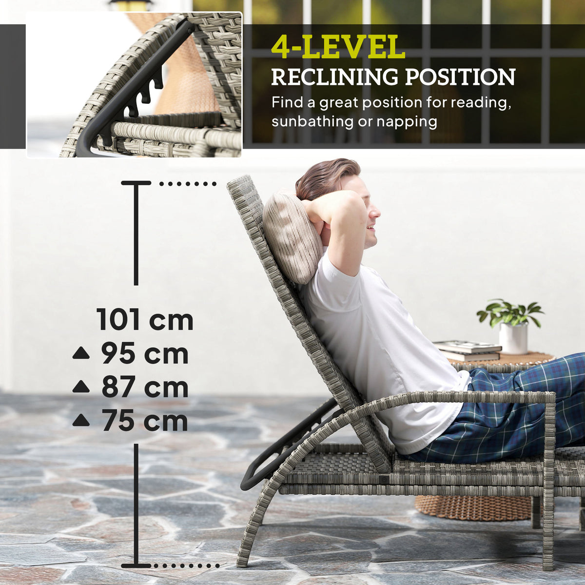 Grey rattan lounger shown reclined with adjustable backrest and padded headrest
