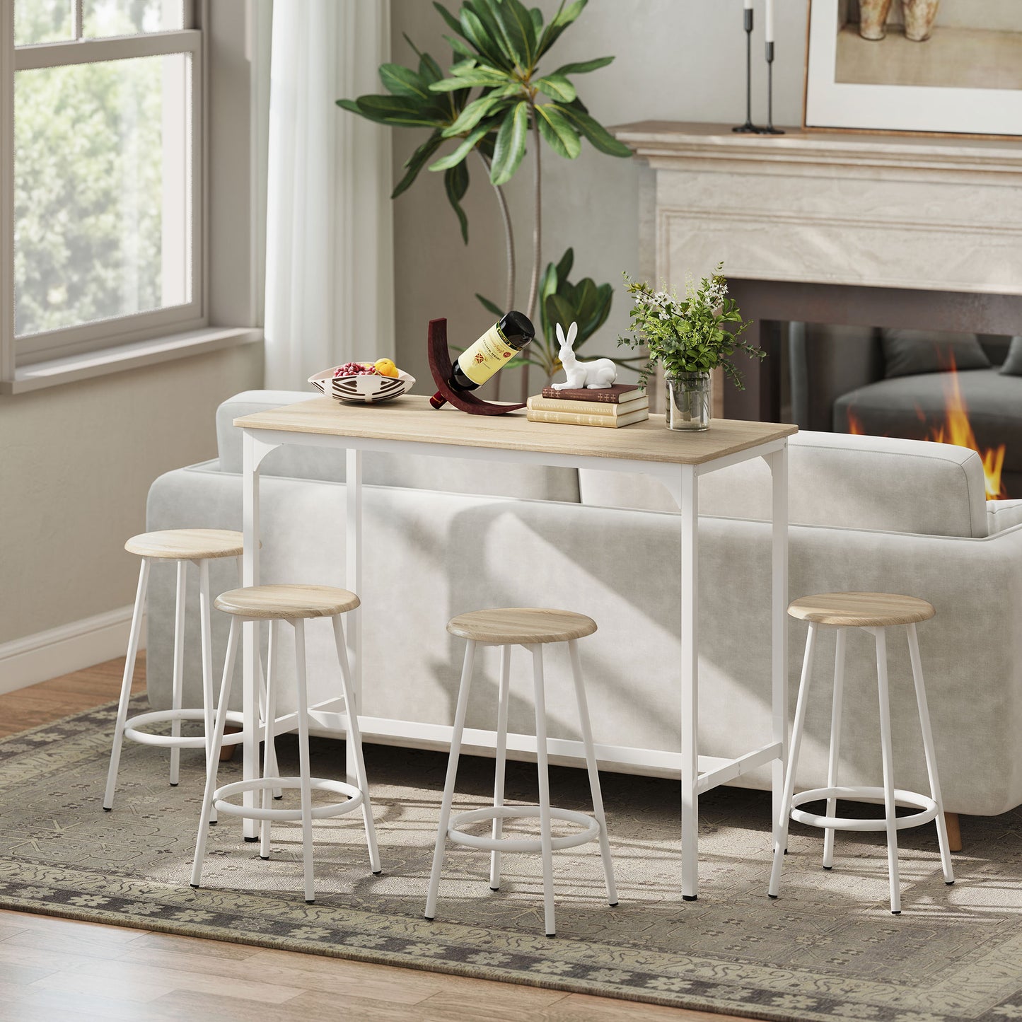 HOMCOM 5 Piece Bar Table Set for 4 with Stools, Metal Frame, Footrest for Kitchen Natural Wood