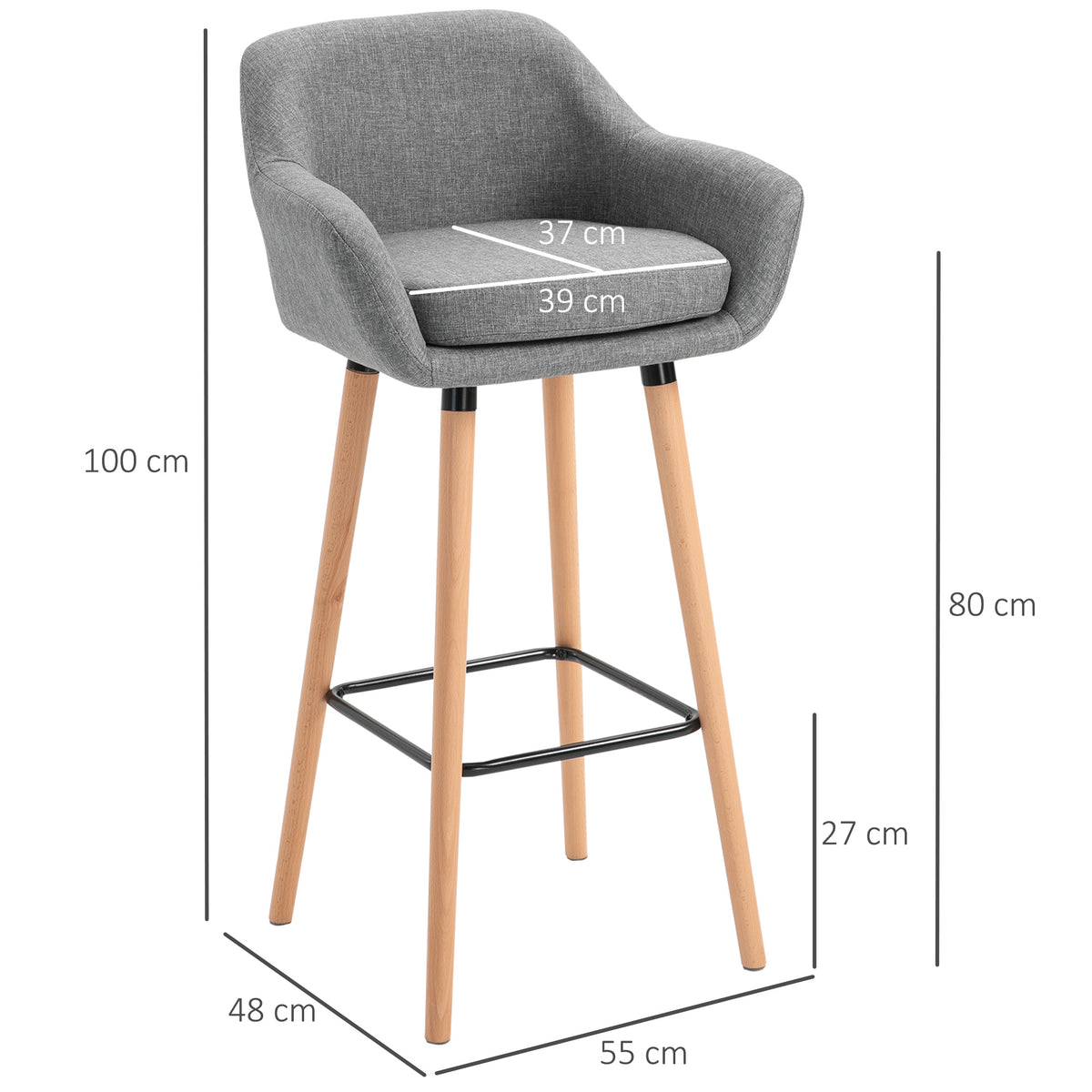 Gray upholstered bar stool with wood legs, footrest, and size measurements