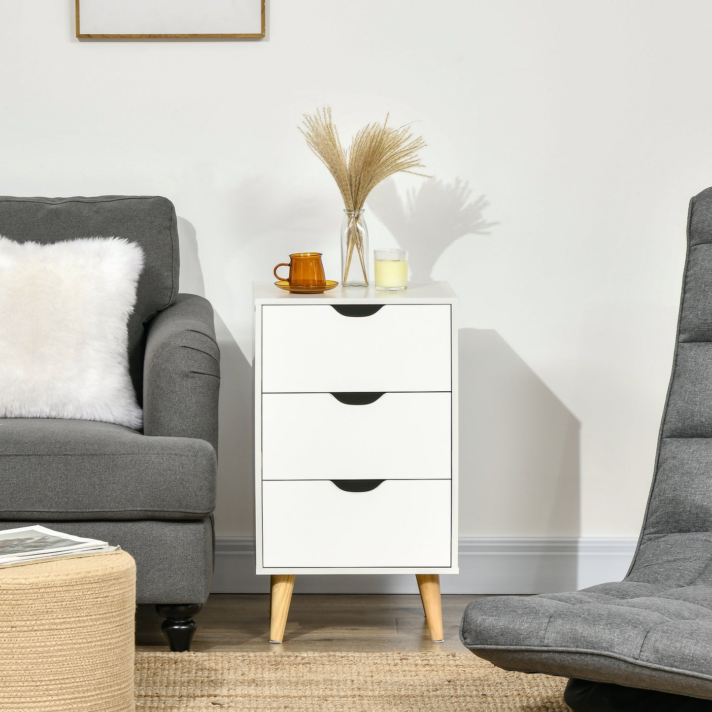 HOMCOM Set of 2 Bedside Tables, Modern Nightstand Side End Table with 3 Storage Drawers and Solid Pine Wood Legs for Bedroom Living Room Entryway, White