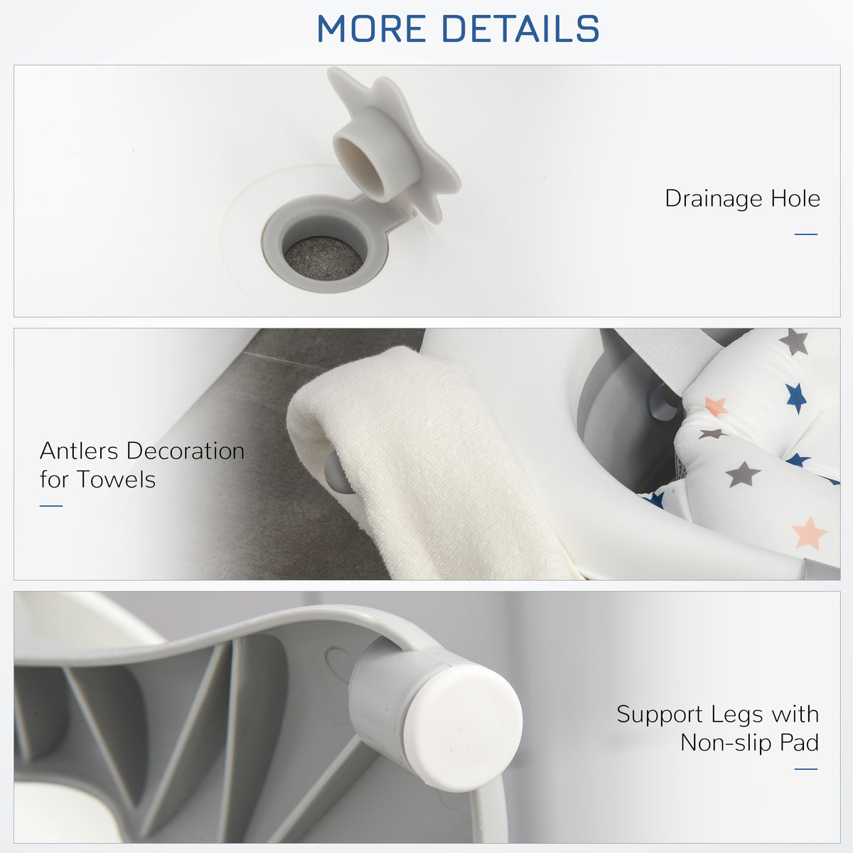 Baby bathtub details showing the drain plug, towel hook, and non-slip support foot