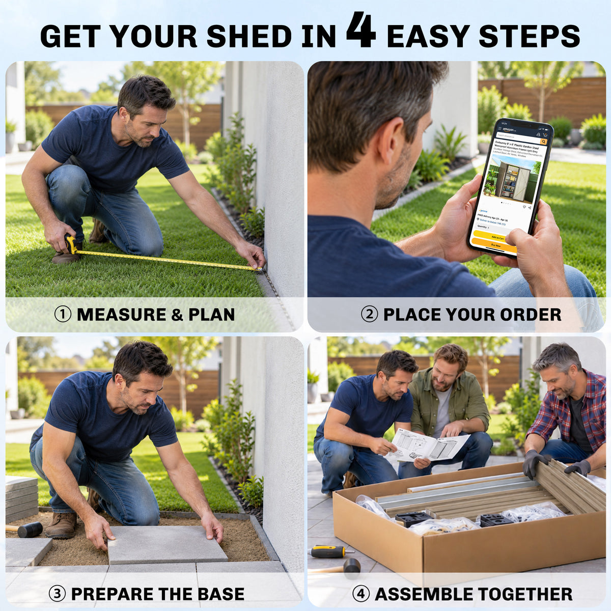 Outsunny garden shed setup guide showing measuring, ordering, base preparation and assembly