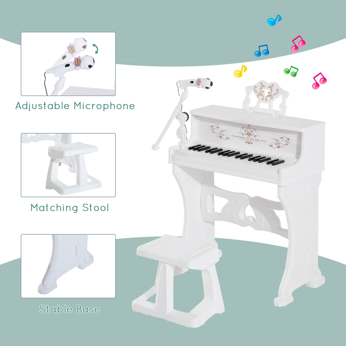 White toy grand piano set with matching stool, adjustable microphone and stable base.