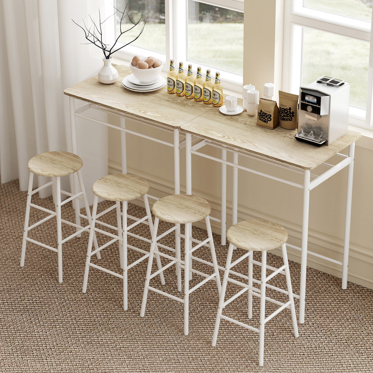 HOMCOM Bar Table Set, Bar Table and Stools Set, Footrest and Storage Shelf, for Kitchen, Dining Room, Pub, Cafe, White and Oak