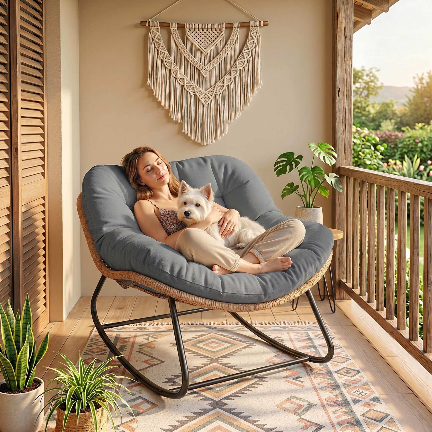 Outsunny Indoor Outdoor Rocking Chair, Oversized Rocking Egg Chair with Cushion for Living Room, Garden, Patio, Grey