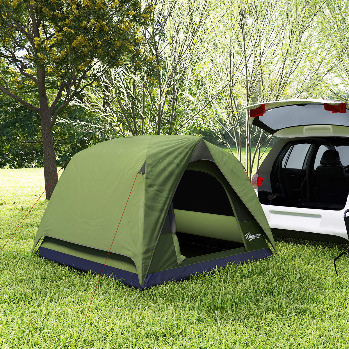 Outsunny Camping Tent, Easy Set Up 2-3 Man Tent with Sewn-in Groundsheet, 3000 mm Dome Tent w/ Mesh Windows, Olive Green and Grey