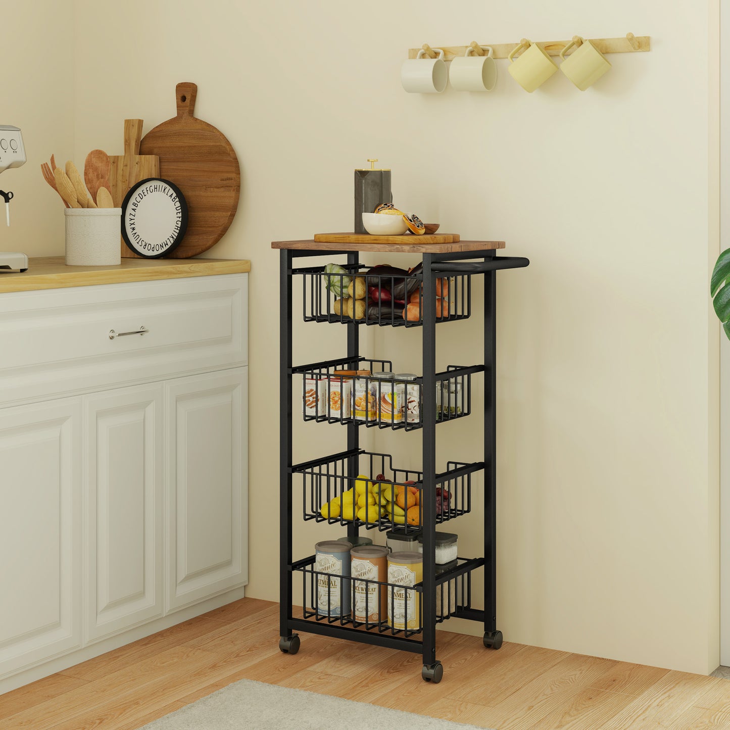 HOMCOM Four Basket Mobile Kitchen Island, with Brakes - Oak/Black