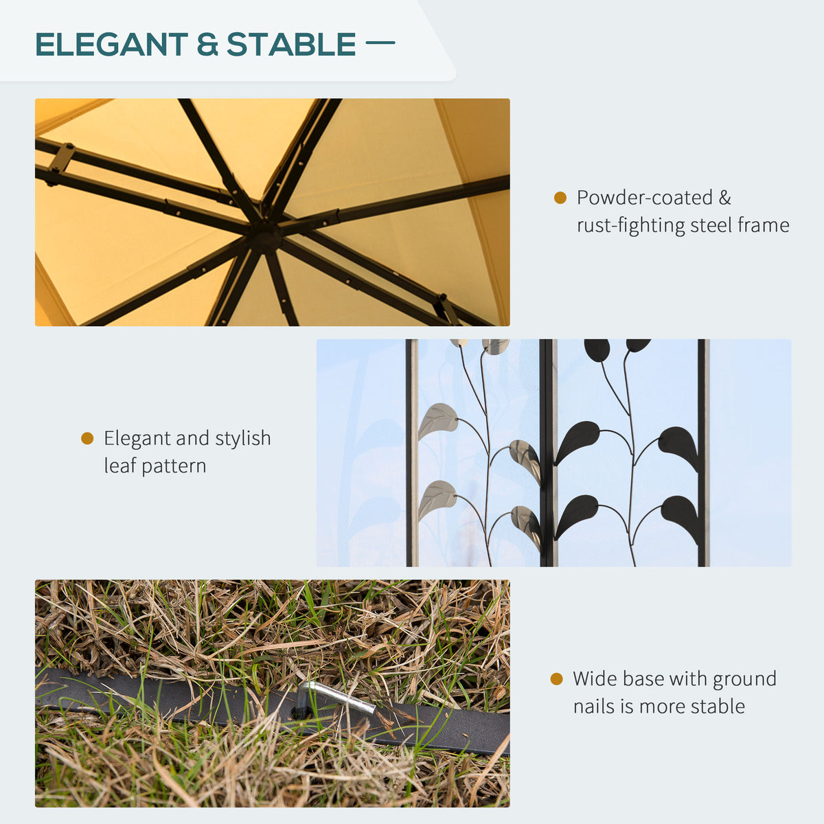 Gazebo steel roof supports, decorative leaf-pattern panels and ground anchor