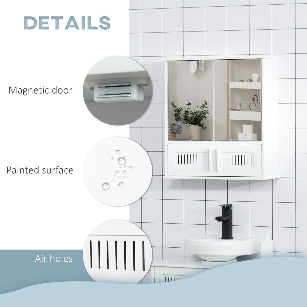 kleankin white mirror cabinet with magnetic doors and vented lower panels
