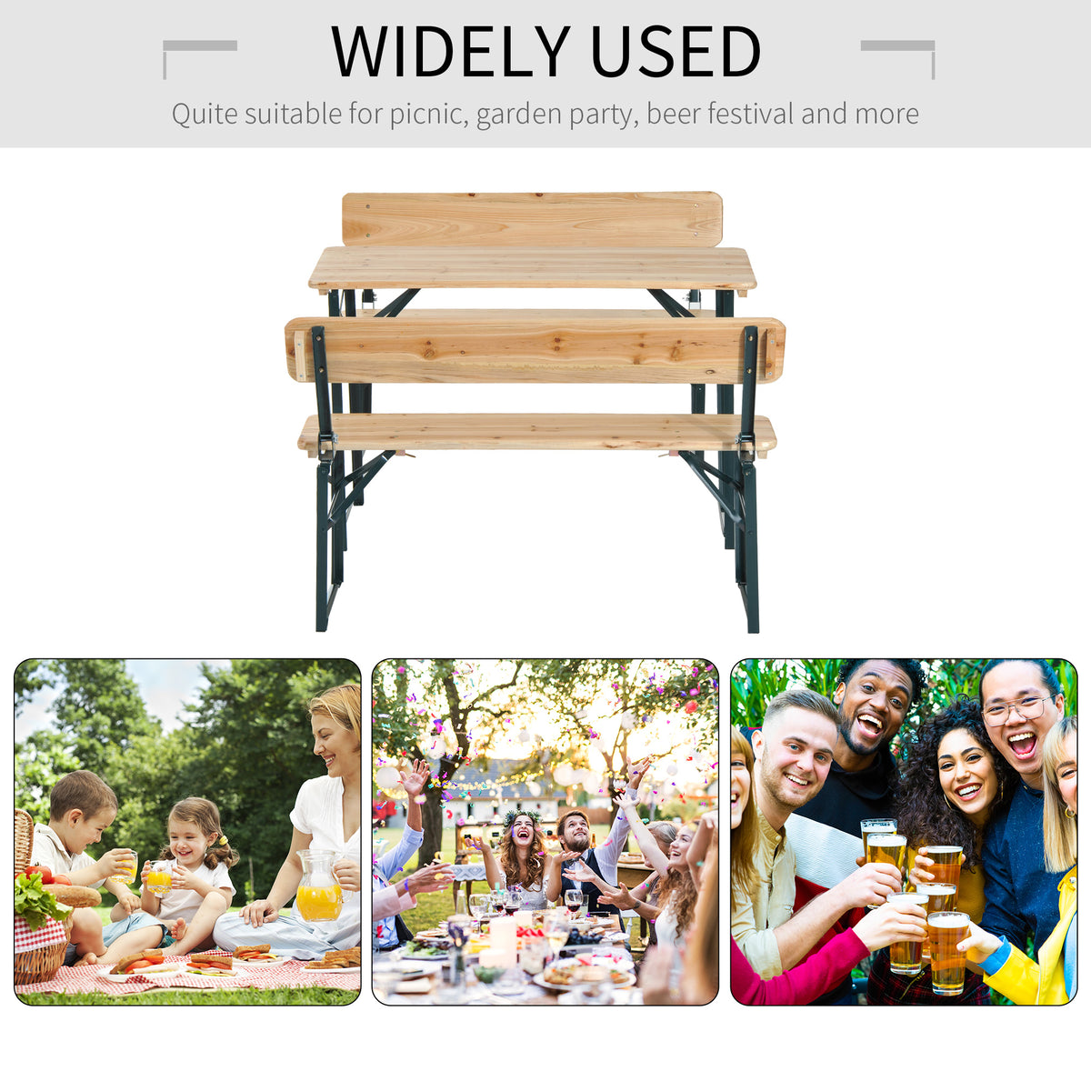 Folding fir wood picnic table and two benches shown assembled