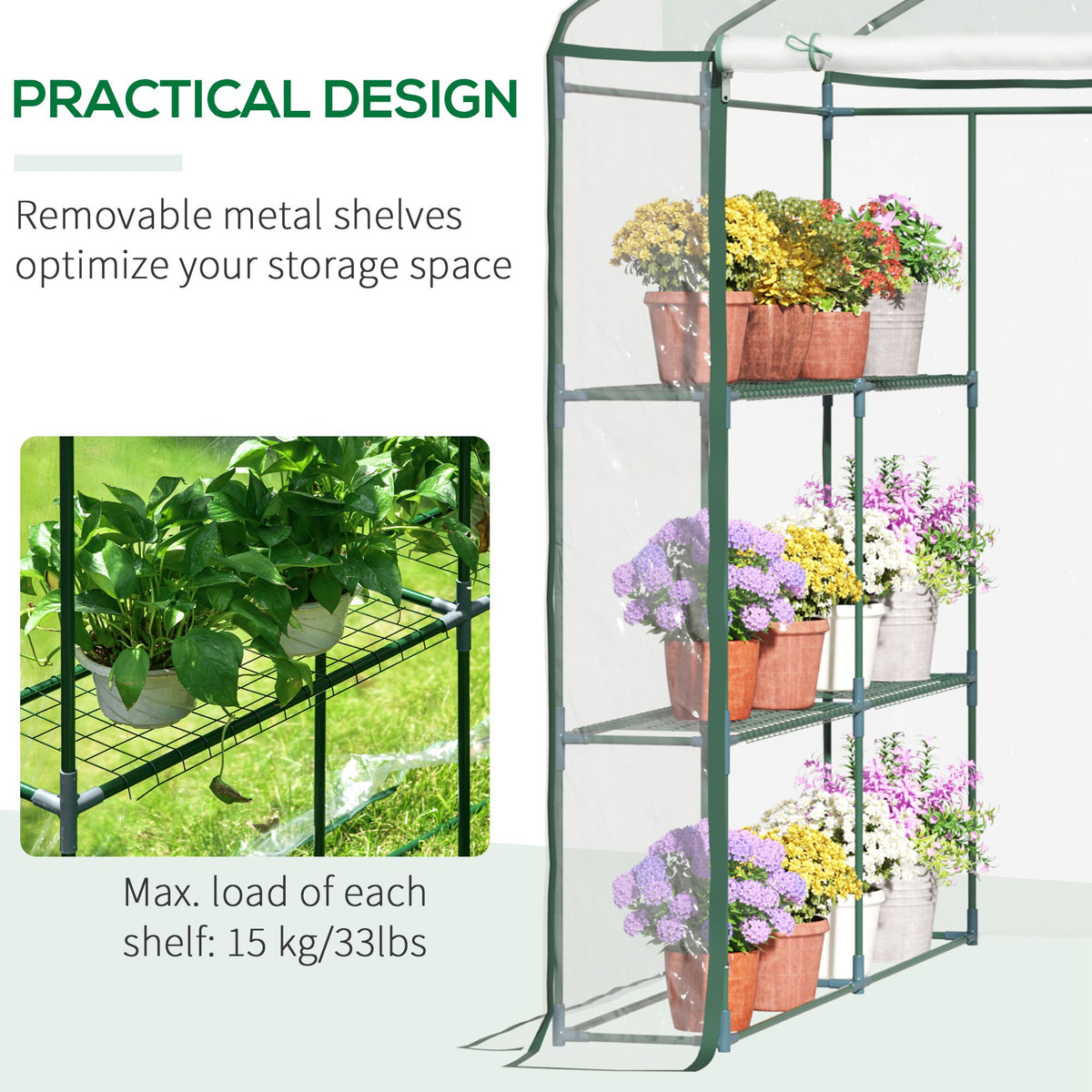 Greenhouse interior with removable metal shelves for potted plants