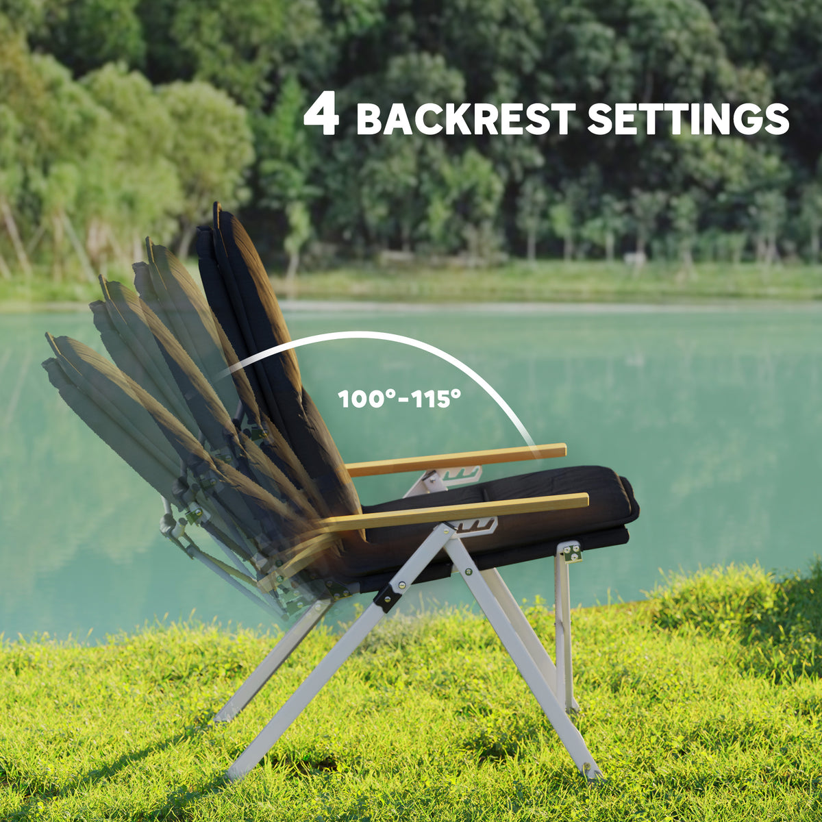 Folding camping chair reclined through four backrest settings from 100 to 115 degrees