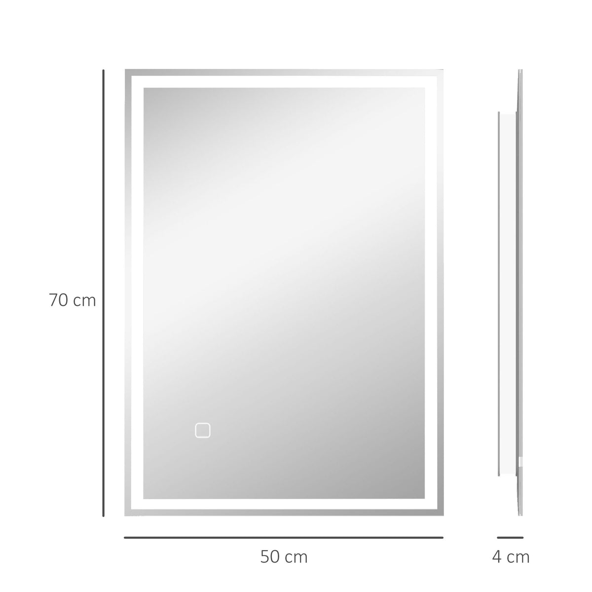 70 x 50 cm rectangular LED bathroom mirror with touch sensor, shown with 4 cm side depth
