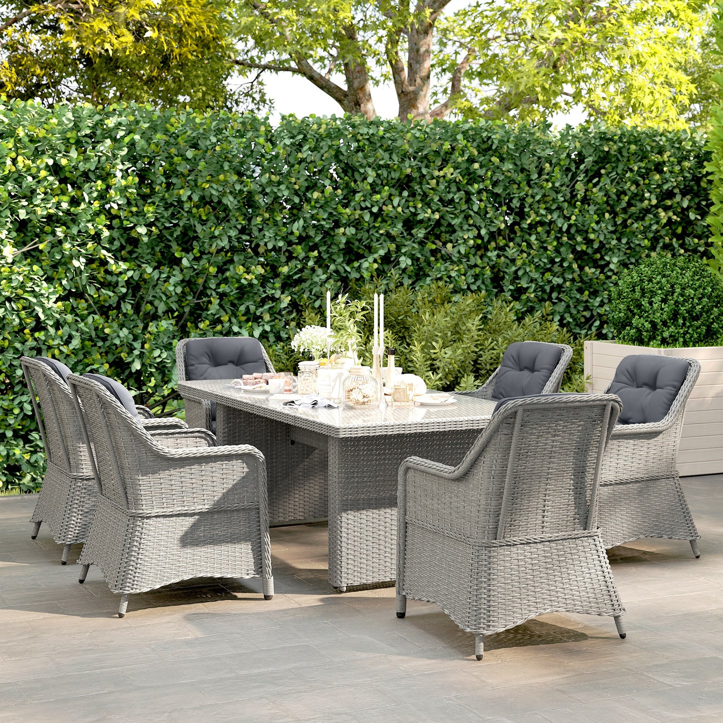 Outsunny 6 Seater Rattan Garden Dining Set with Cushions, Aluminium Outdoor Patio Furniture Set for Garden Gatherings & Outdoor Dining, Mixed Grey