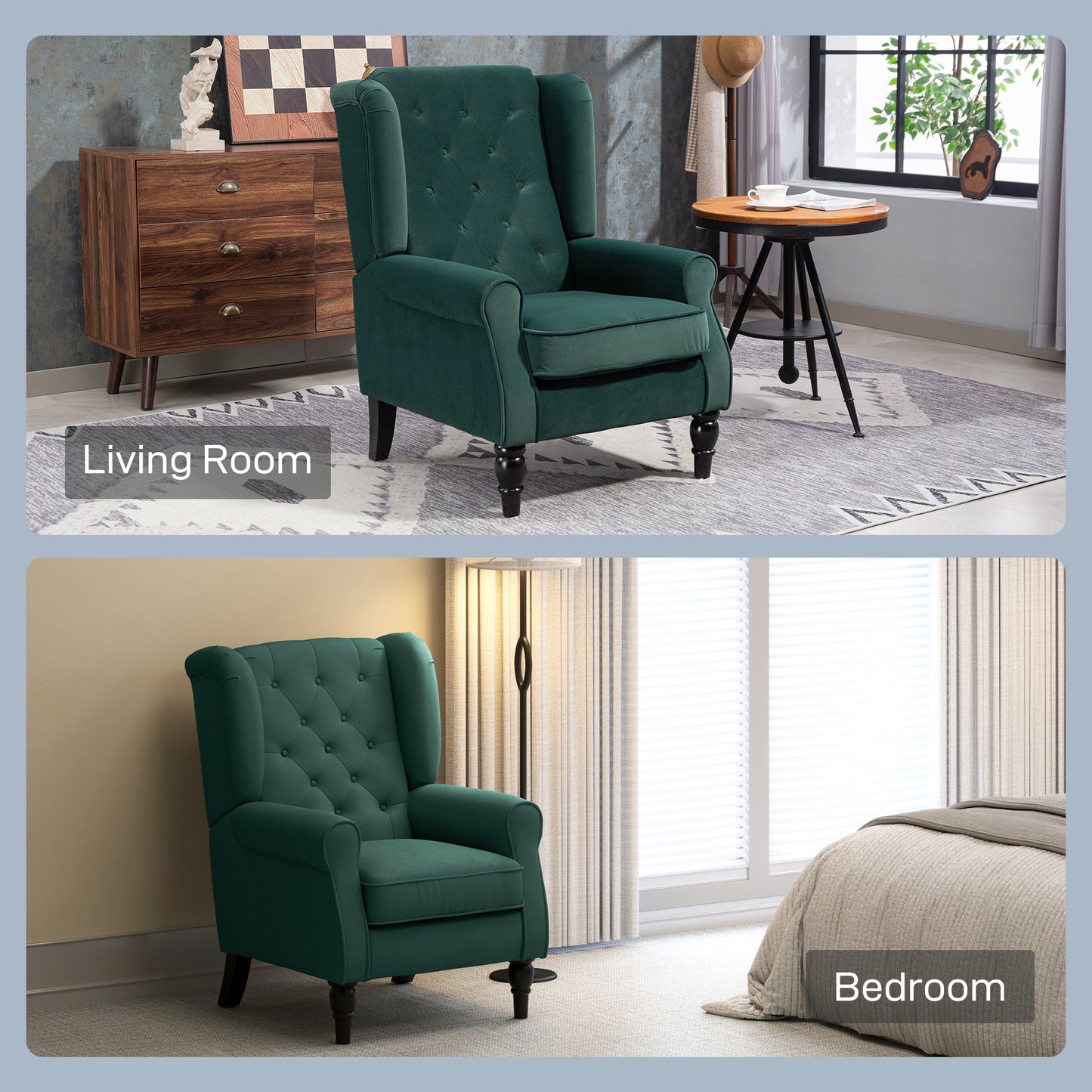 HOMCOM Wingback Accent Chair, Retro Upholstered Button Tufted Occasional Chair for Living Room and Bedroom, Green