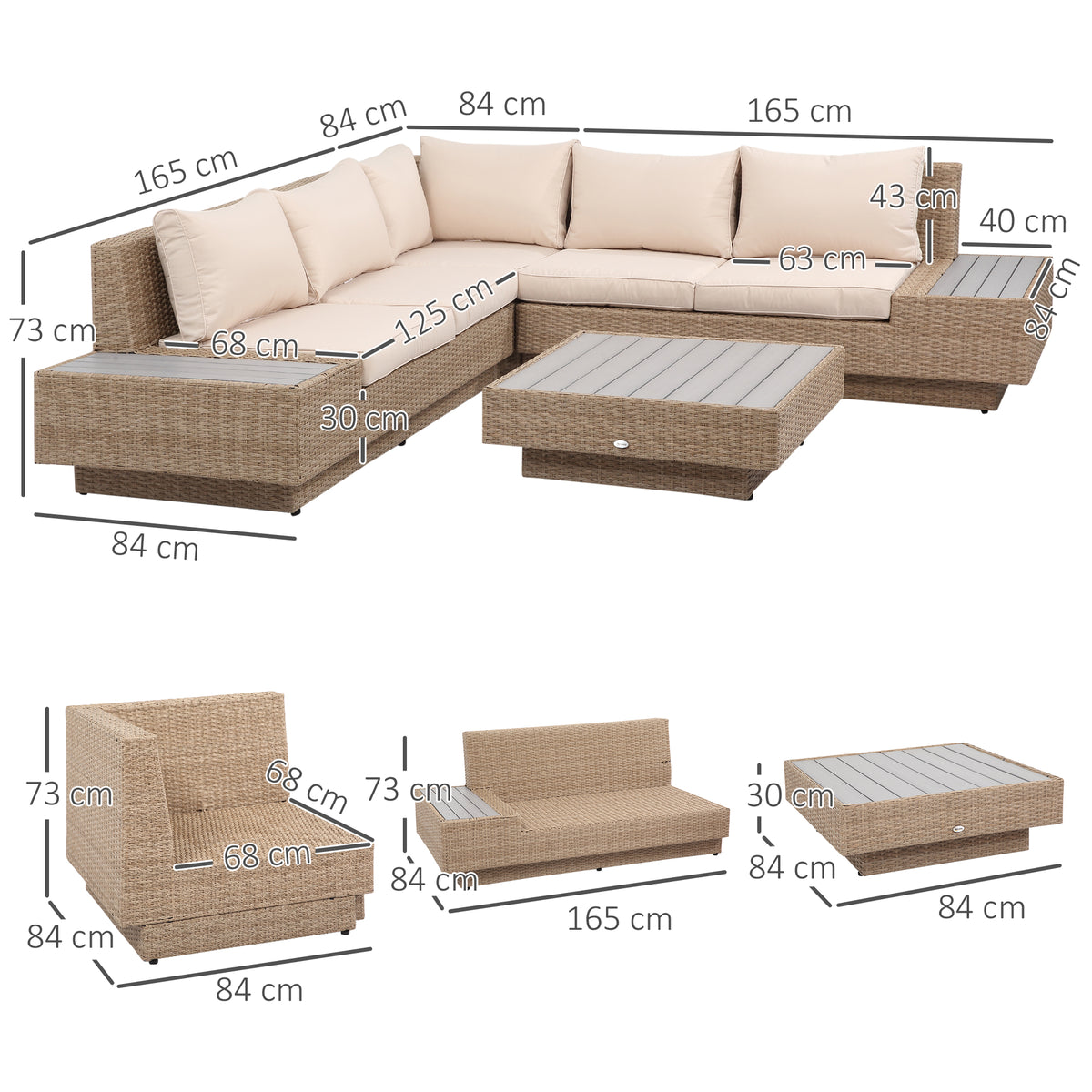 Corner sofa set with cushions and coffee table, shown with component dimensions