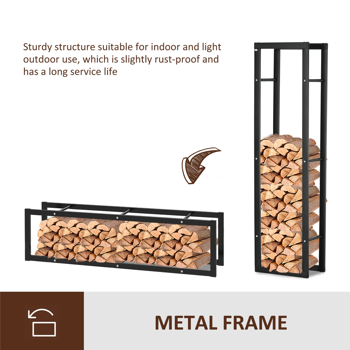 Black metal firewood rack shown upright and laid horizontally