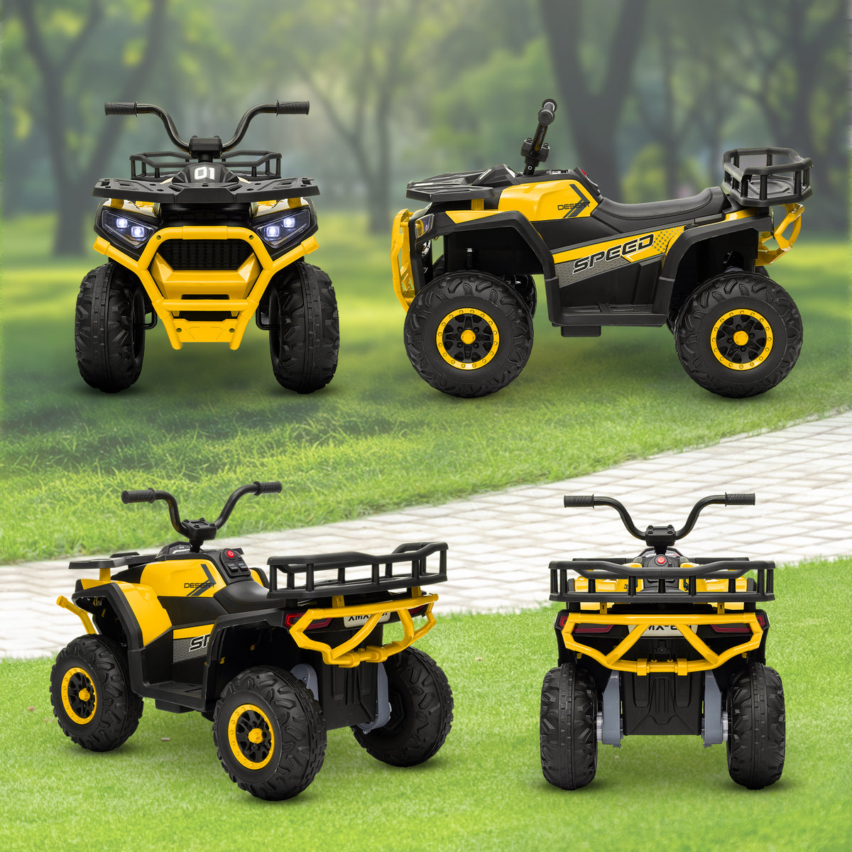 AIYAPLAY 12V Kids Electric Ride on ATV, Battery-Powered Quad Bike w/ Spring Suspension, Forward Backward, Storage Basket, Yellow