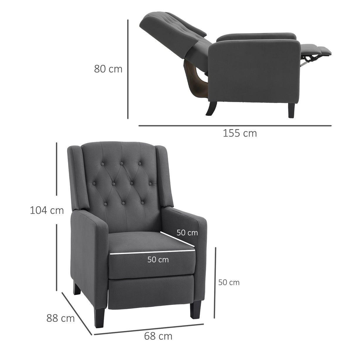 Deep gray button-tufted wingback recliner chair with extended footrest and dimension labels