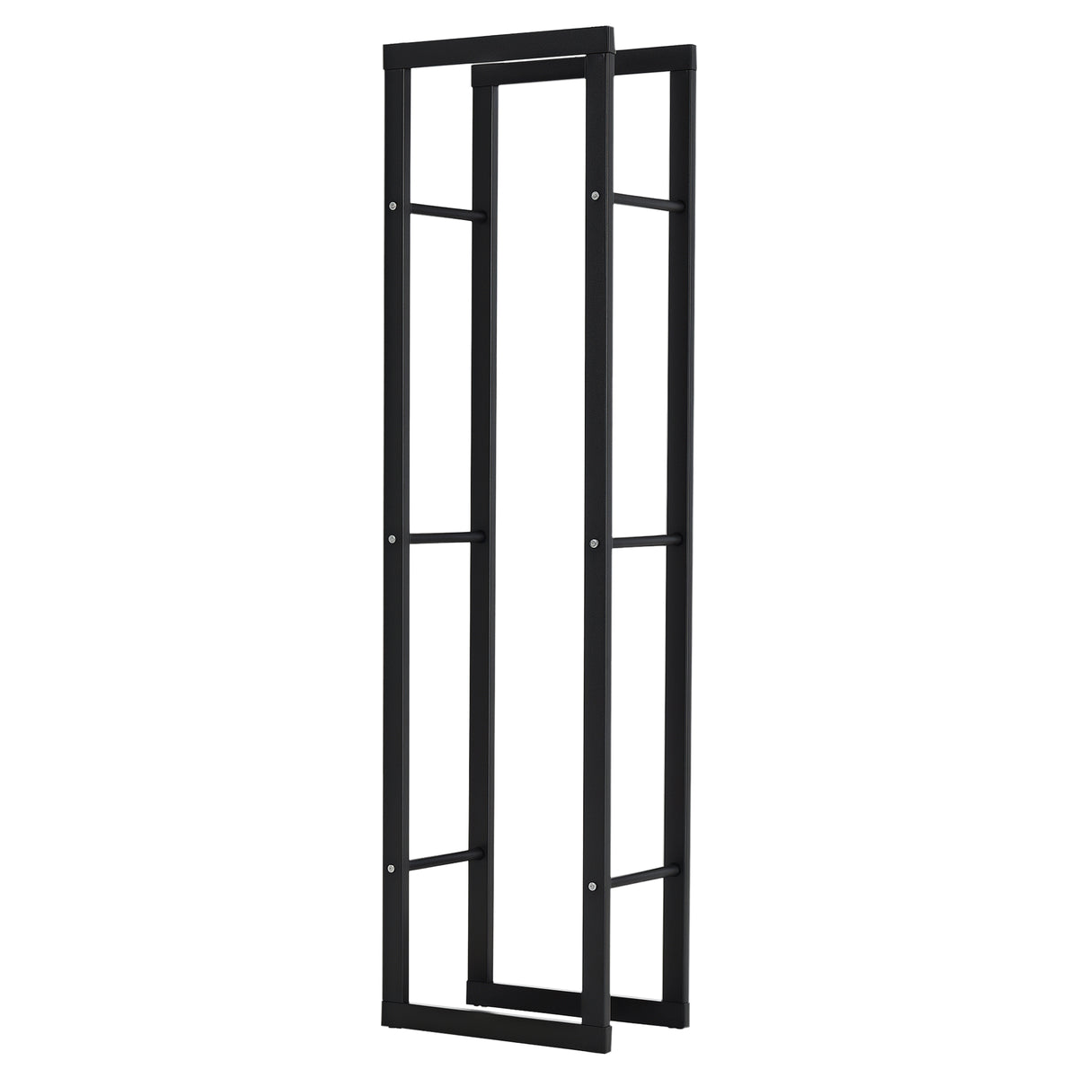 Tall black metal firewood rack shown from an angled view