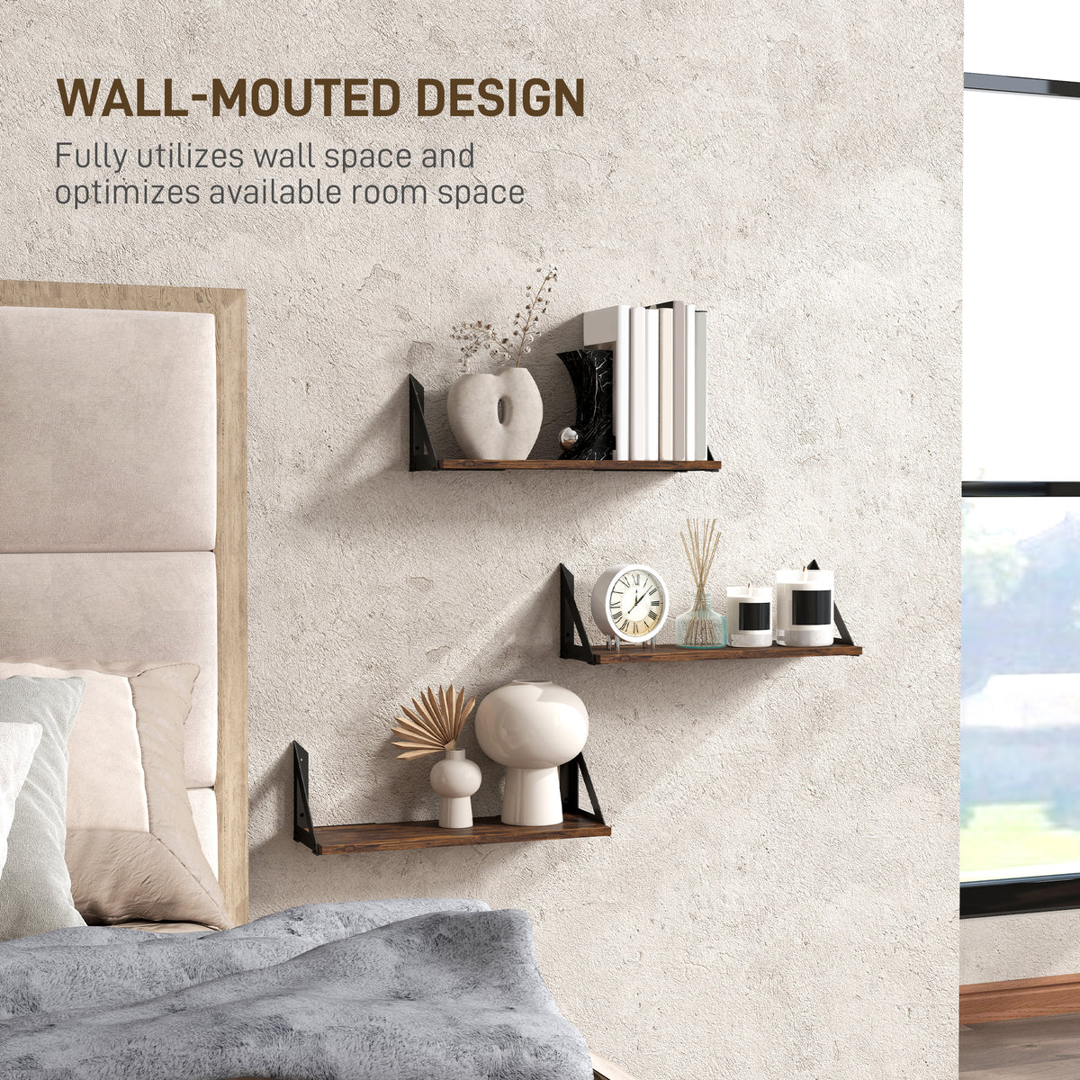 HOMCOM Set of 3 Wall Shelves, 43cm Vintage Wall Mounted Floating Shelves for Living Room, Entryway, Bedroom, Rustic Brown