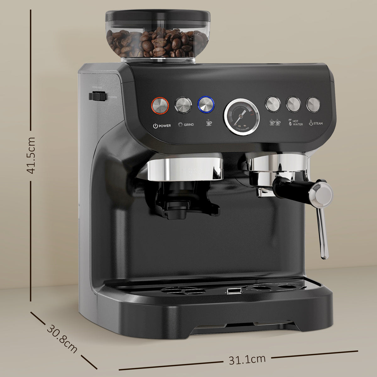 Black espresso machine with bean hopper and steam wand; dimensions shown as 41.5 by 31.1 by 30.8 cm