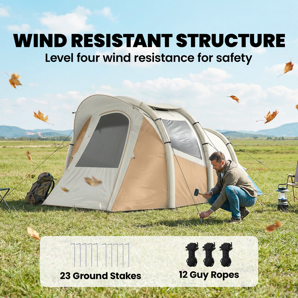 Outsunny Inflatable Camping Tent w/ Air Pump, Easy Setup 2-3 Person Blow Up Tent, Khaki