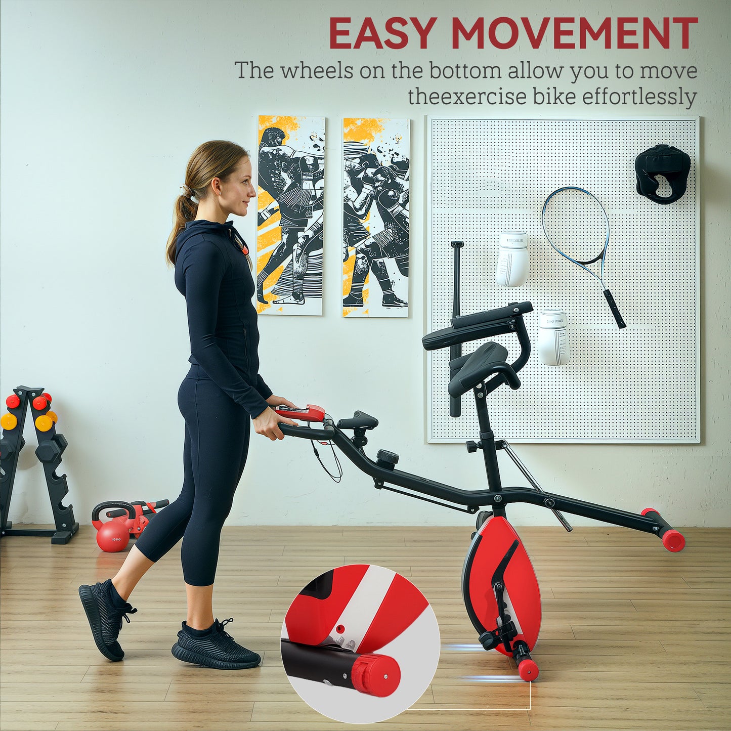 SPORTNOW Five-in-one Foldable Exercise Bike, Stationary Bike with Arm Workout Bands, LDC Monitor, Phone Holder, Red