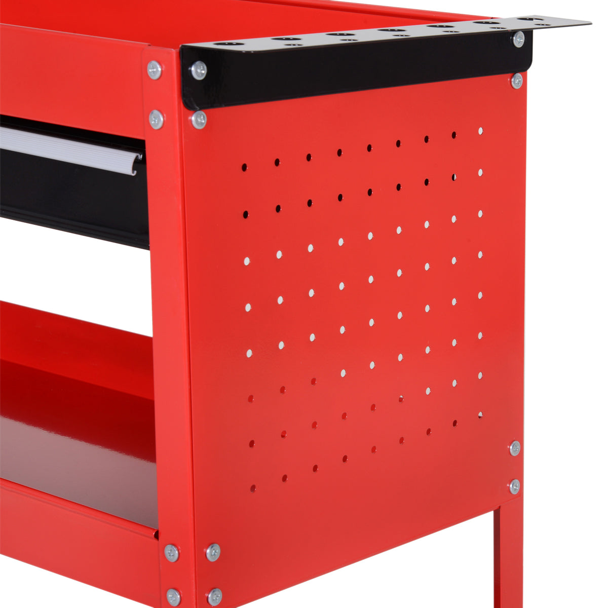 Close-up of the red tool cart's perforated side panel and metal tool holder