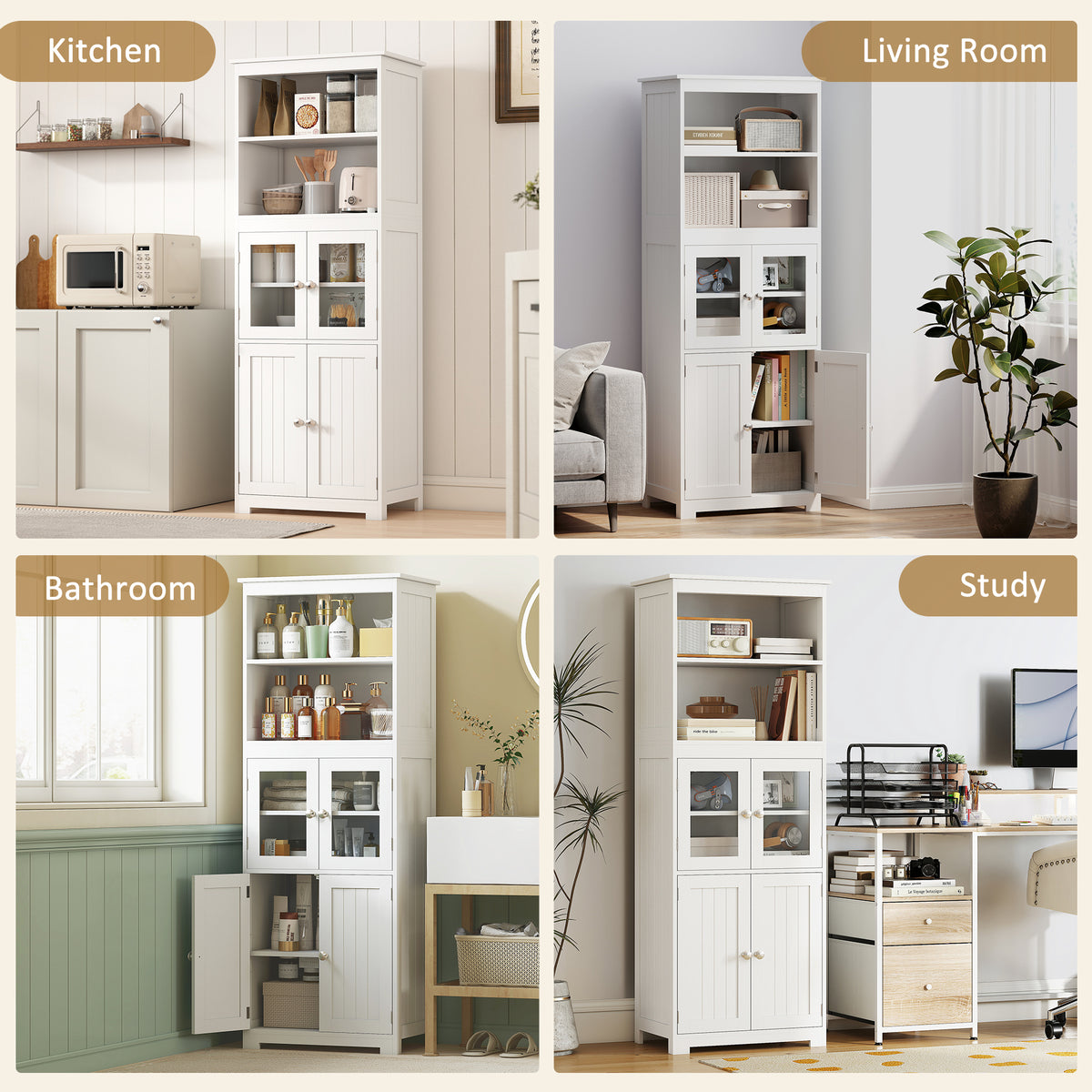 White four-door cupboard shown in kitchen, living room, bathroom, and study settings.